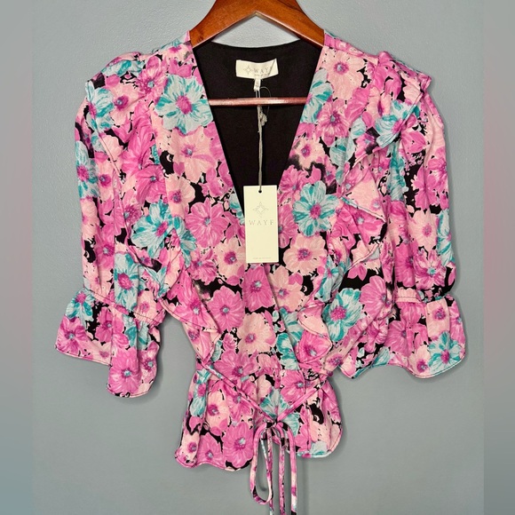 NWT Wayf Pink and Blue Floral Ruffle Blouse | Size Large - Picture 2 of 7